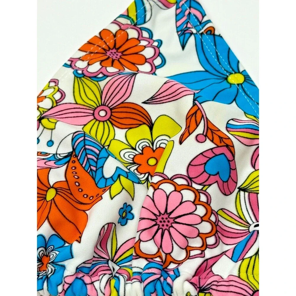 Floral Triangle Bikini Top Small Strappy Swimwear Festival Beach Boho Mod Retro‎